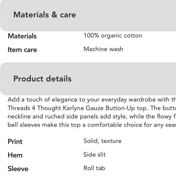 Threads 4 Thought gauze button up, Sz L - Picture 3 of 10